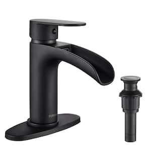 Waterfall Single Handle Bathroom Faucet with Metal Pop-Up Drain, Bathroom Sink Faucet Matte Black in Bathroom