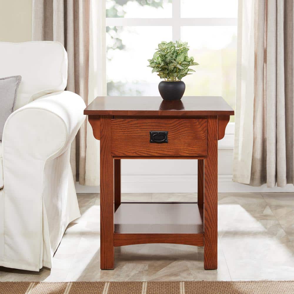 Medium Oak Wood Rectangular End Table with Storage