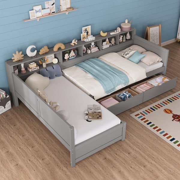 Gray Twin L-Shape Daybed with 3 Drawers and Bookshelf