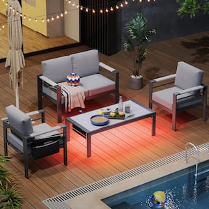 4-Piece Aluminum Patio Conversation Set with Light Gray Cushions and LED Coffee Table