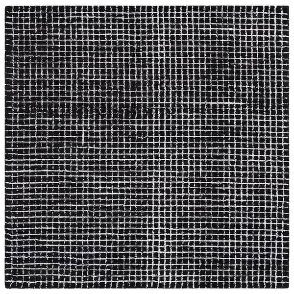 Abstract 6 ft. x 6 ft. Square Ivory/Black Grid Geometric Area Rug