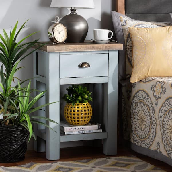 Baxton Studio Hastin 1-Drawer Antique Brown and Grey Nightstand (29.1 in. H x 20.5 in. W x 14.2 in. D)