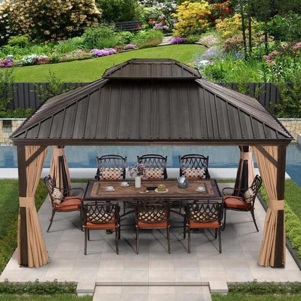 PURPLE LEAF 10 ft. x 13 ft. Bronze Aluminum Hardtop Gazebo Canopy for Patio Deck Backyard Heavy-Duty with Netting and Curtains