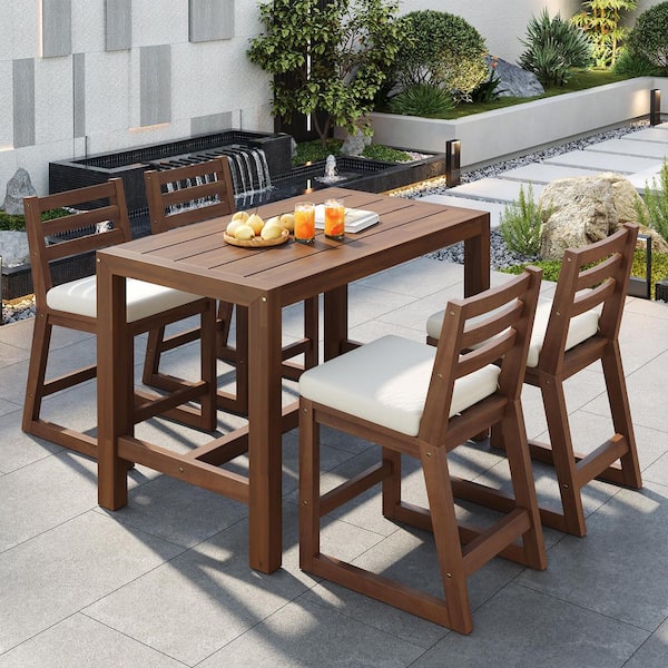 Dervin Rustic 5 Piece Mocha Finish Wood Rectangle Outdoor Bistro Patio Bar Set with Beige Cushions, Slat Design