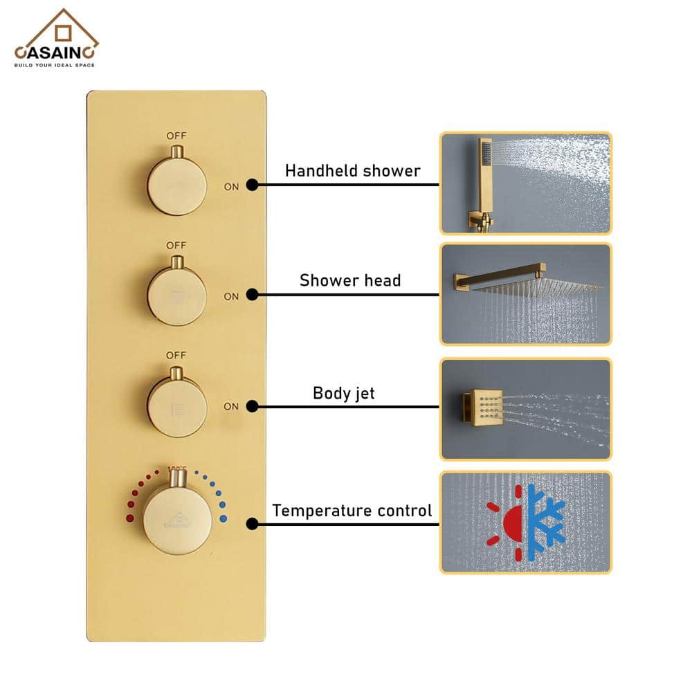 Brushed Gold Thermostatic Wall Mounted Rainfall Shower System with Body Jets