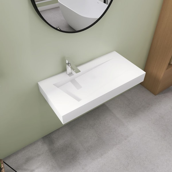 35" Wall Mount Rectangle Sink, Solid Surface Bathroom Sink in White