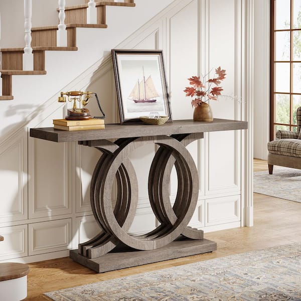 BYBLIGHT Turrella 55 in. Rectangle Wooden Console Table with Geometric Wood Base, Farmhouse Console Table for Living Room, Brown