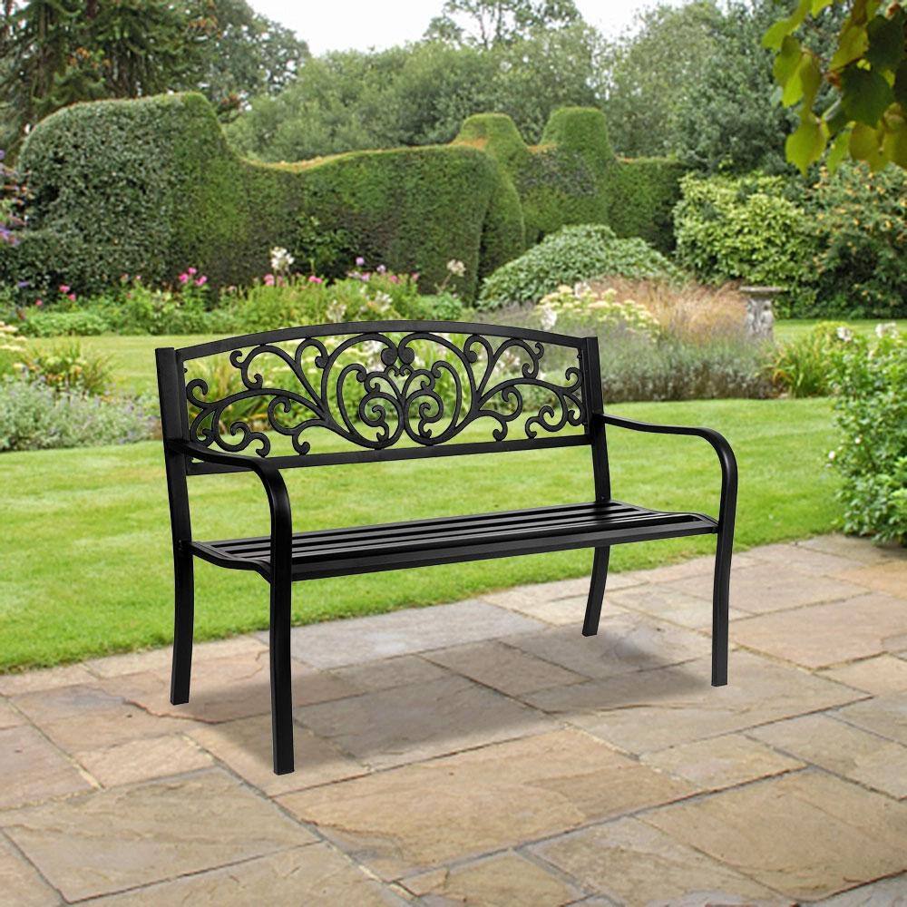 Black Powder Coated Steel Outdoor Bench with Cast Iron Backrest