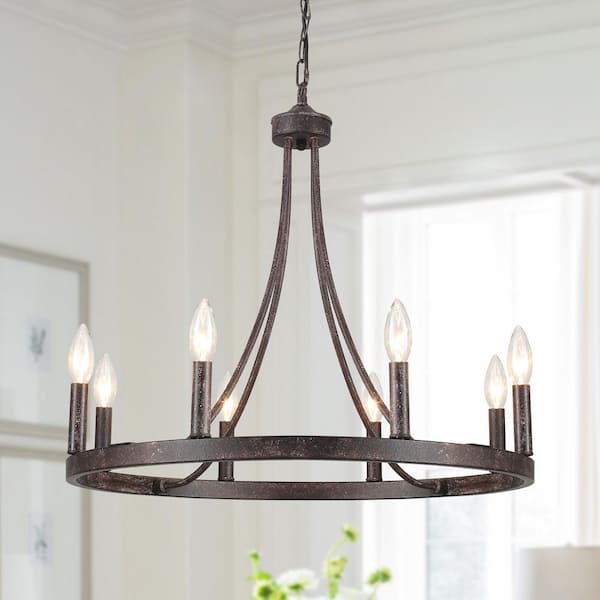 8-Light Vintage Brown Wagon Wheel Chandelier for Living Room Dinning Room with No Bulbs Included