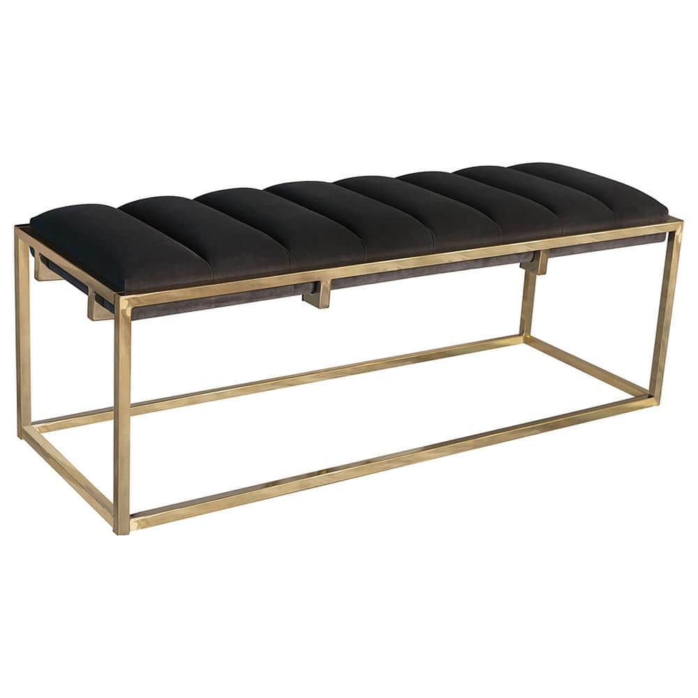 Elegant 48" Dark Grey Velvet and Gold Metal Bench