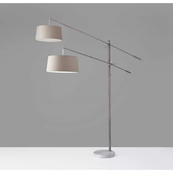 HomeRoots 102 in. Silver 2 Light 1-Way (On/Off) Swing Arm Floor Lamp for Liviing Room with Cotton Round Shade