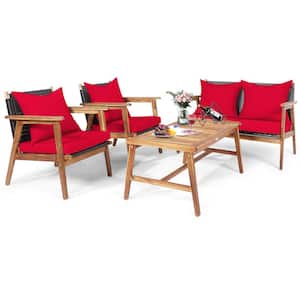 4-pieces Wicker Patio Conversation Set Rattan Acacia Wood Frame Furniture Set with Coffee Table and Red Cushions