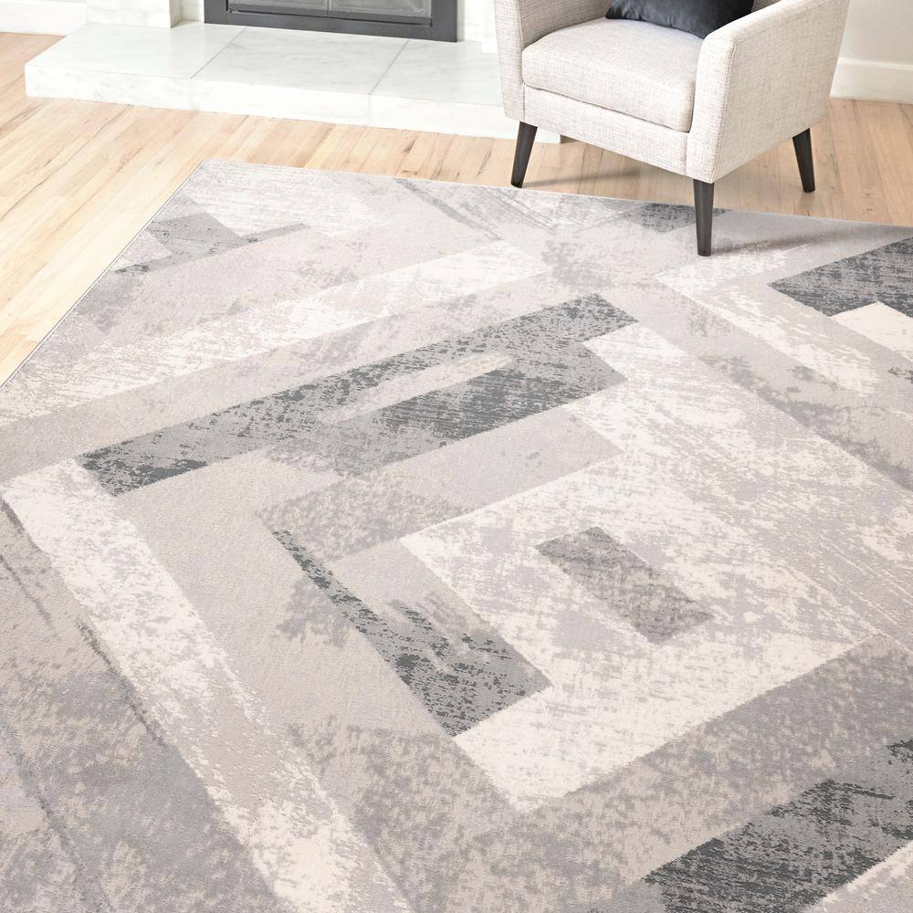 Ethan Soller Geometric Gray and Ivory Synthetic Area Rug, 5' x 7'