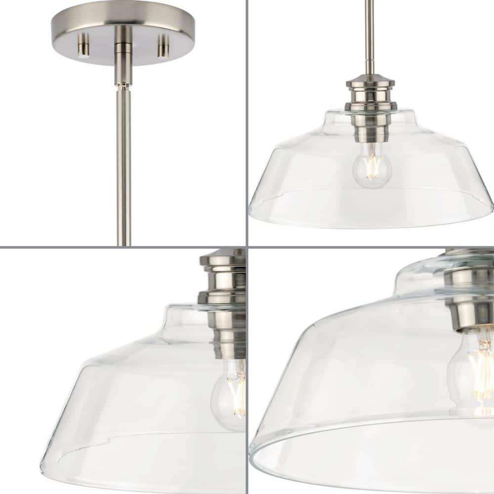 Singleton Vintage-Style 1-Light Medium Pendant in Brushed Nickel with Clear Glass