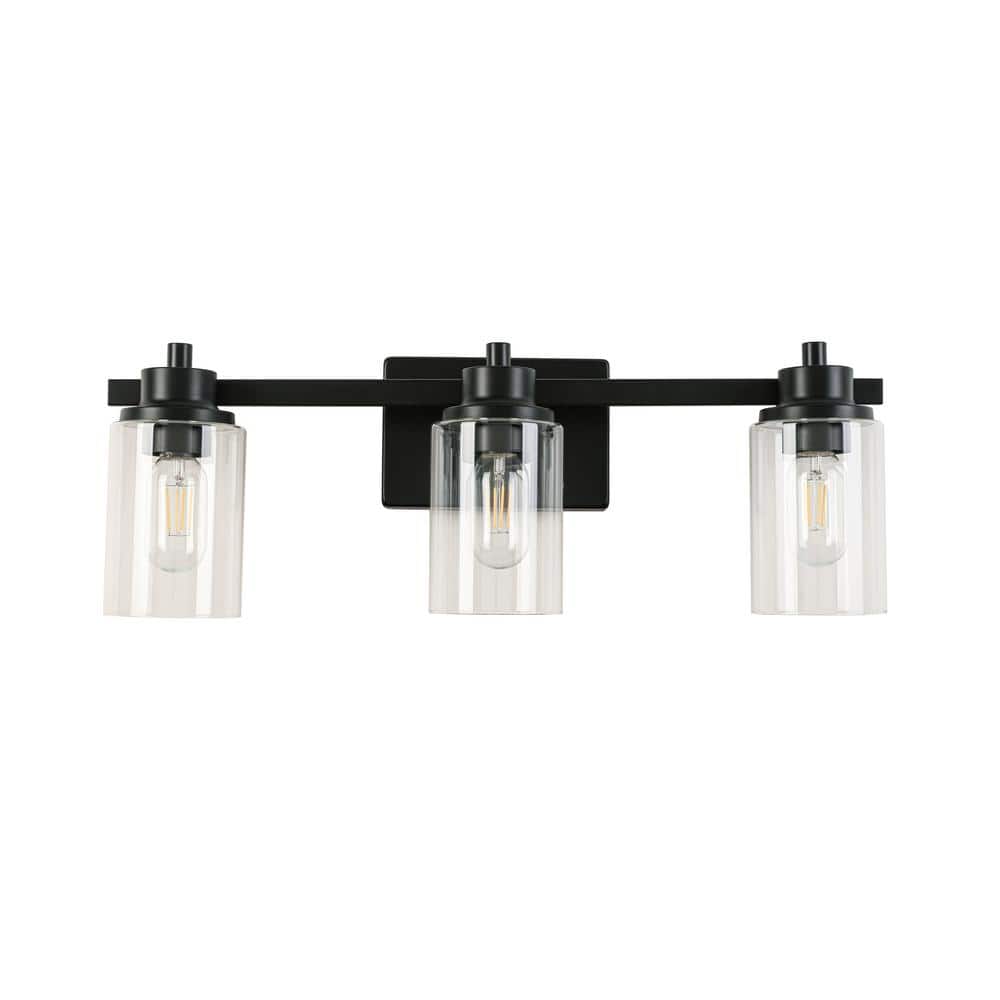 3-Light Black Clear Glass Vanity Wall Sconce Lamps, Bulbs Not Included