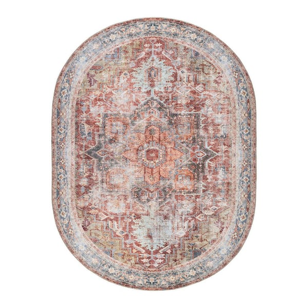 Traditional Distressed Machine Washable Area Rug Multi 5 ft. x 7 ft. Oval
