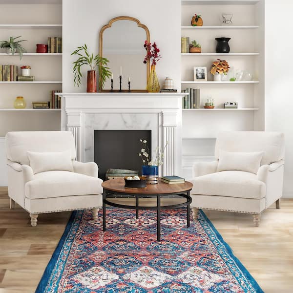 LUE BONA 33 in. W Hierro Ivory Fabric Arm Sofa Chair Filled with Goose Down and Foam Upholstered Accent Chair Set of 2