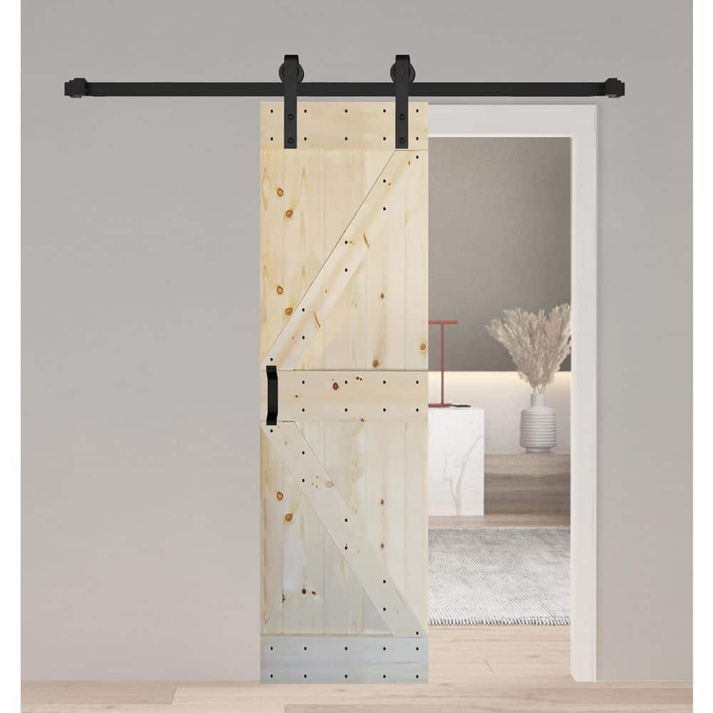 K Style Solid Pine Wood Sliding Barn Door Kit with Black Hardware