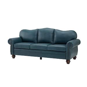 Macimo 81 in. Rolled Arm Genuine Leather Rectangle Transitional 3-Seater Sofa in Turquoise