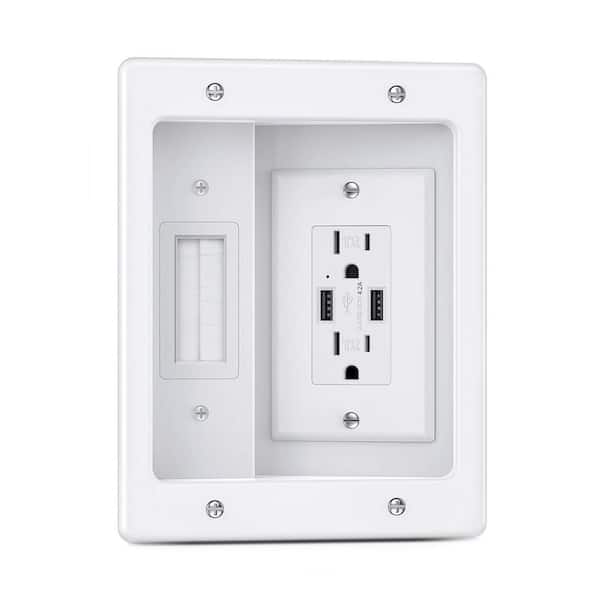 In Wall Cable Management Kit Recessed Outlet Box TV Power Kit AC Outlets USB Ports Low Voltage White 1 Kit