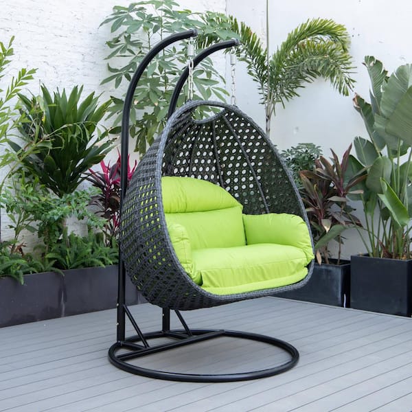 Leisuremod Mendoza 53 in. 2 Person Charcoal Wicker Patio Swing Chair with Stand and Light Green Cushions