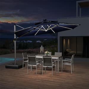12 ft. Octagon Aluminum Solar Powered LED Patio Cantilever Offset Umbrella with Stand, Navy Blue