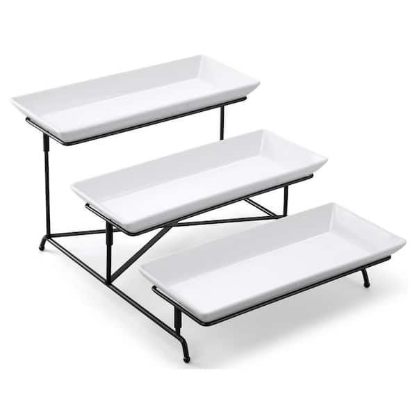 Angel Sar 14 in. Porcelain 3-Tier Rectangular Serving Tray Set with Collapsible Sturdier Stand and Cross Bars, Black and White