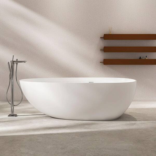 Moray 71 in. x 35.5 in. Solid Surface Stone Resin Freestanding Flat Bottom Soaking Bathtub in Matte White