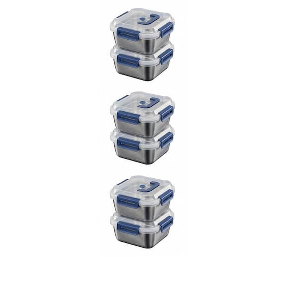6PCS Extra Large Stainless Steel Food Storage Containers Airtight Blue Lids for Kitchen Organization