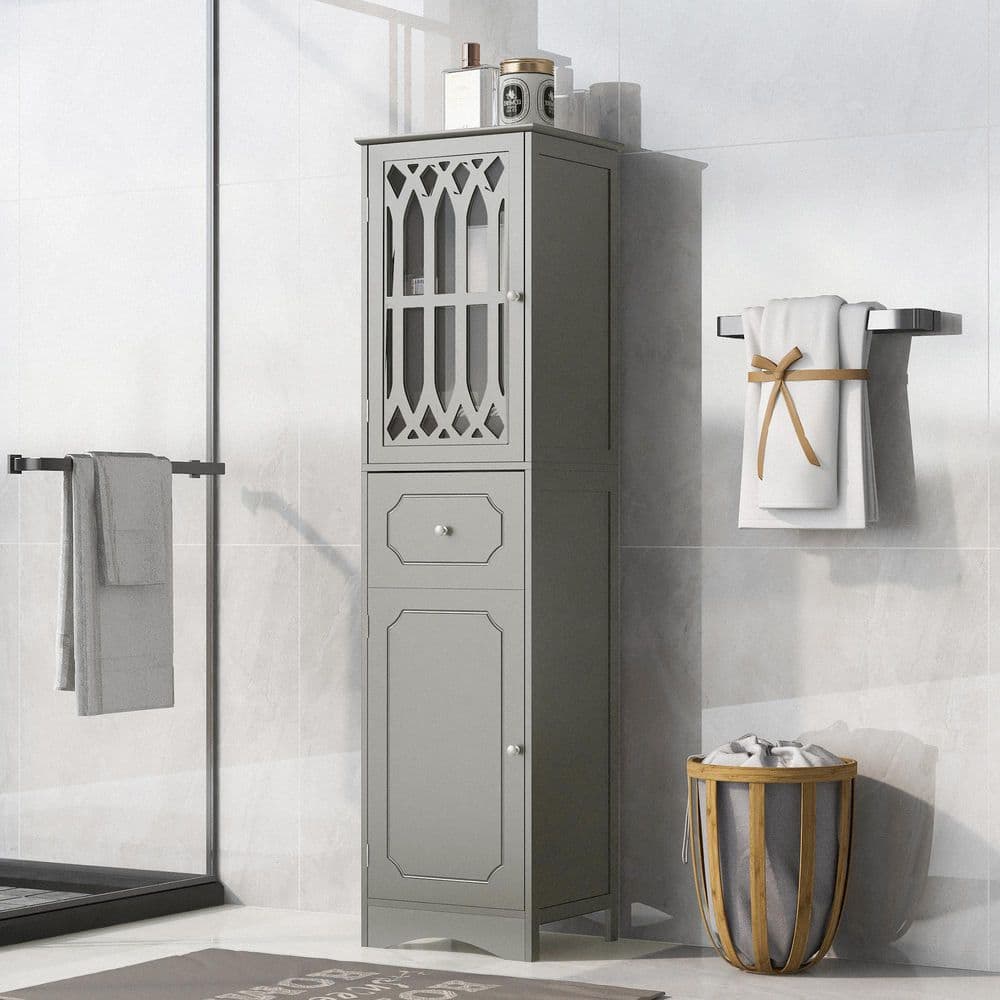 17 in. W x 14 in. D x 64 in. H Gray MDF Linen Cabinet with Drawer and Door in Gray price history on PriceWatchPro