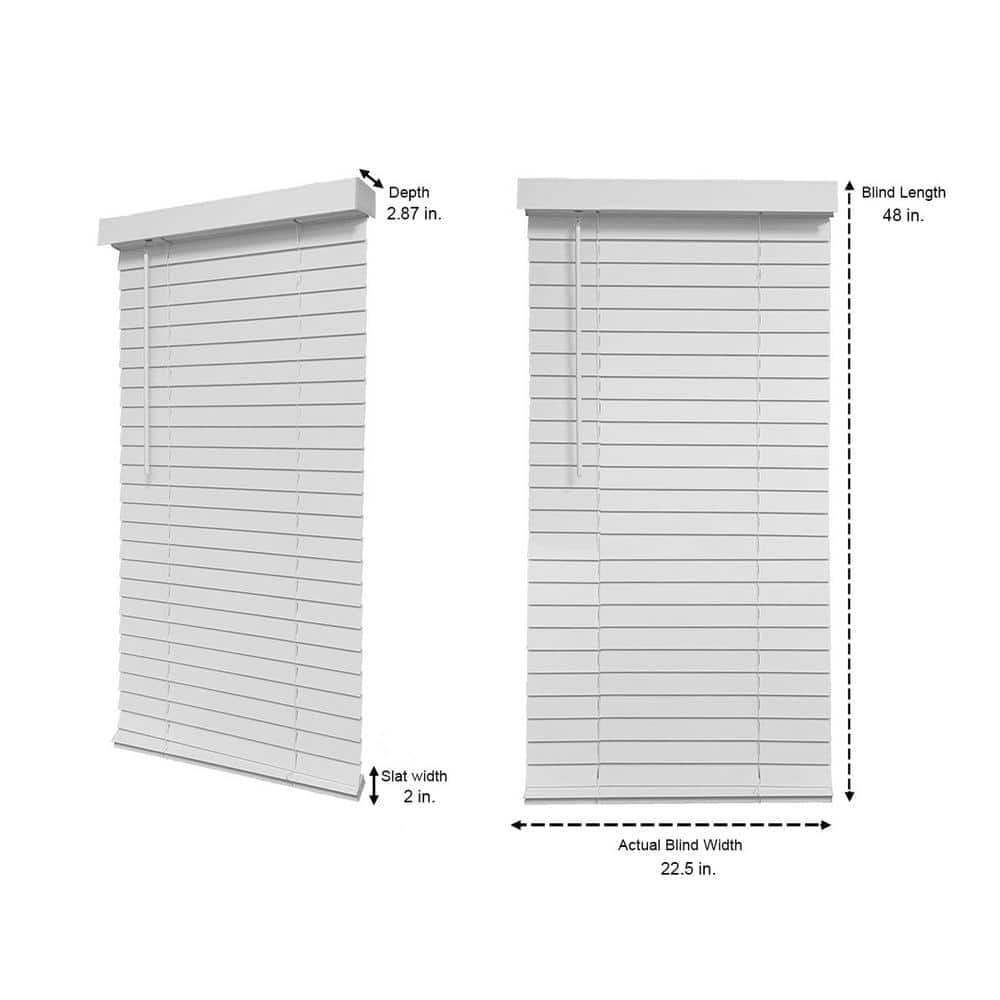 Size 22.5x48 Color White Home Decorators Collection White Cordless Faux Wood Blinds for Windows with 2 in. Slats - 23 in. W x 48 in. L (Actual Size 22.5 in. W x 48 in. L)