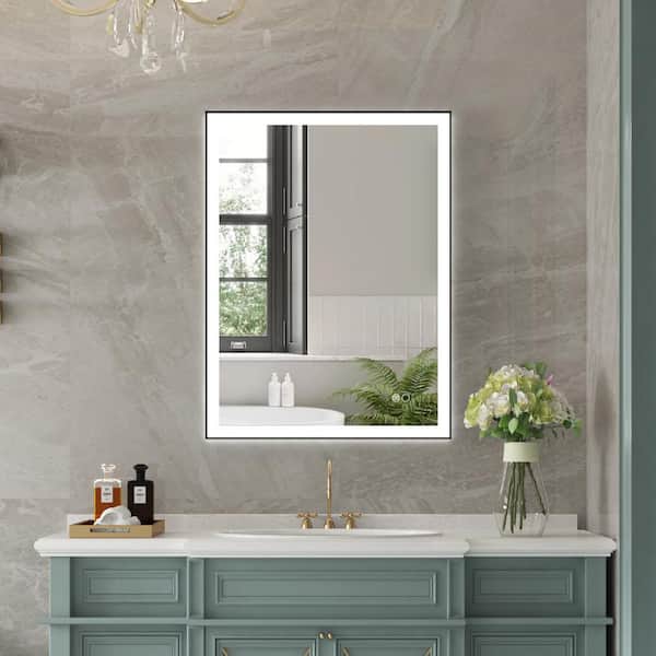 WELLFOR RECA 24 in W x 32 in. H Rectangular Single Aluminum Framed Anti-Fog LED Light Wall Bathroom Vanity Mirror in Matte Black