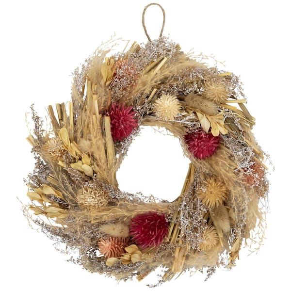 Pampas Grass and Dried Fall Harvest Floral Wreath-11 in.