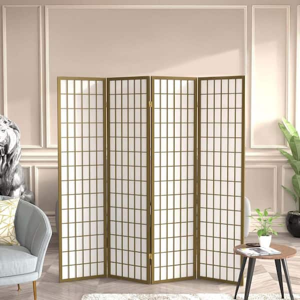70 in. H Gold Japanese-Style Shoji 4 Panel Folding Screen Freestanding Privacy Screen With Frame Modern Room Divider
