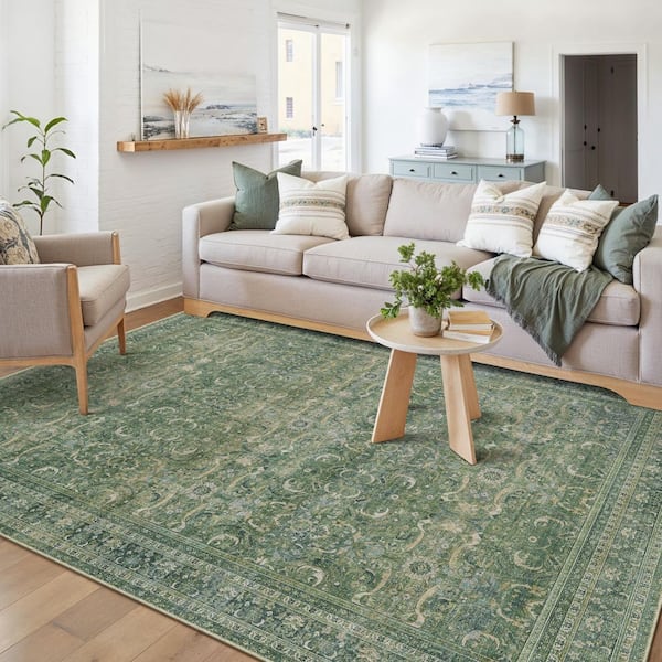 Phuket Island Greeen 5 ft. x 7 ft.  Distressed Vintage Floral Area Rug