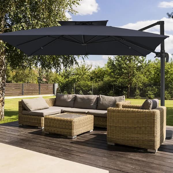 JEAREY 11 ft. x 11 ft. Square Two-Tier Top Rotation Outdoor Cantilever Patio Umbrella with Cover in Navy