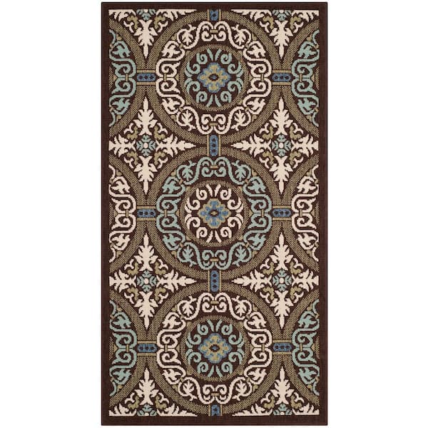 Veranda Chocolate/Cream 2 ft. x 4 ft. Border Geometric Indoor/Outdoor Area Rug