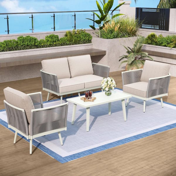 Gray Wicker Rattan 4 Seat 5-Piece Steel Outdoor Patio Conversation Sectional Set with Beige Cushions and Coffee Table