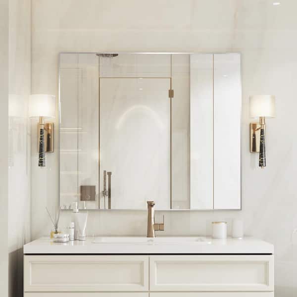 Klajowp 42 in. W x 36 in. H Rectangle Aluminum Alloy Framed Wall Mounted Bathroom Vanity Accent Mirror in Brushed Nickel