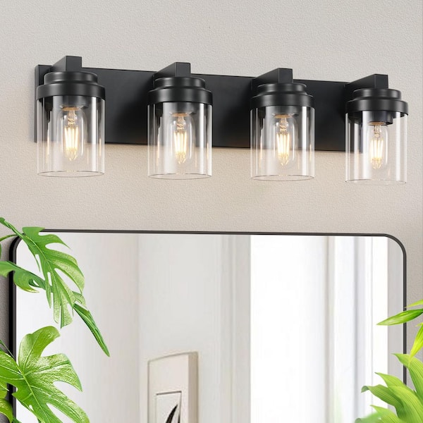 24 in. 4-Light Matte Black Bathroom Vanity Light Interior Powder Room Light with Clear Glass Shades (Bulb not included)