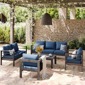 5-Piece Charcoal Gray Aluminum Patio Conversation Set with Navy Cushions and Coffee Table