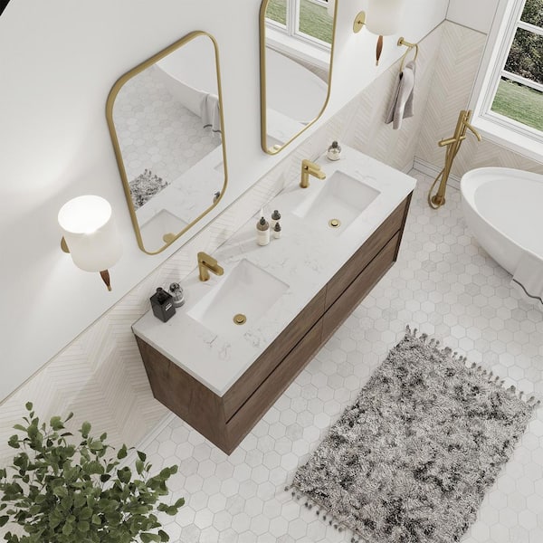 Aeroline 60in. W x 19. 29in. D x 25. 59in. H Dual Sink Float Antique Oak Bath Vanity with Sar White Engineered Stone Top