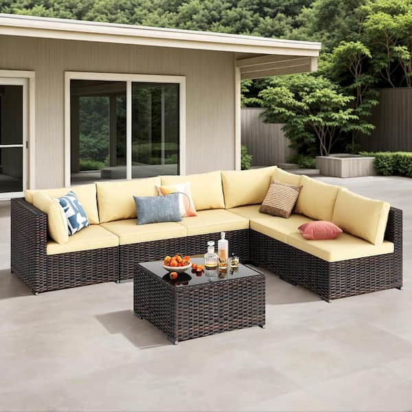 Lofka 7-Piece Outdoor Sectional Patio Furniture Set, PE Rattan Conversation Set with Cushions and Glass Coffee Table, Beige