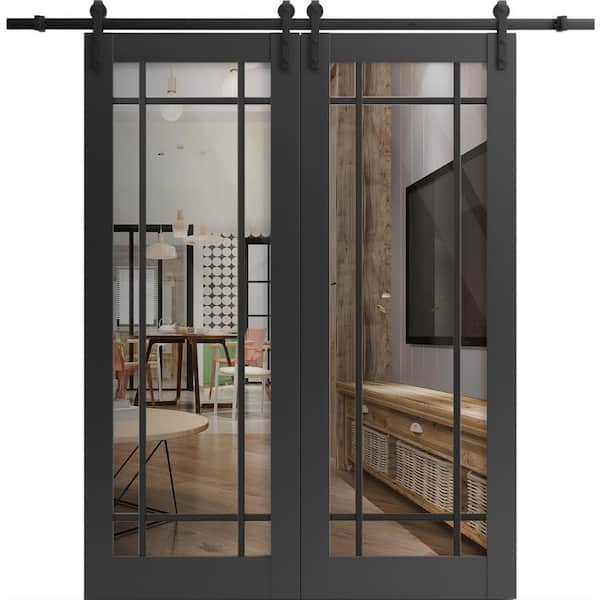 Sartodoors 18 in. x 96 in. 2 Panel Clear Glass Black Matte Solid Wood Sliding Barn Door with Hardware Kit