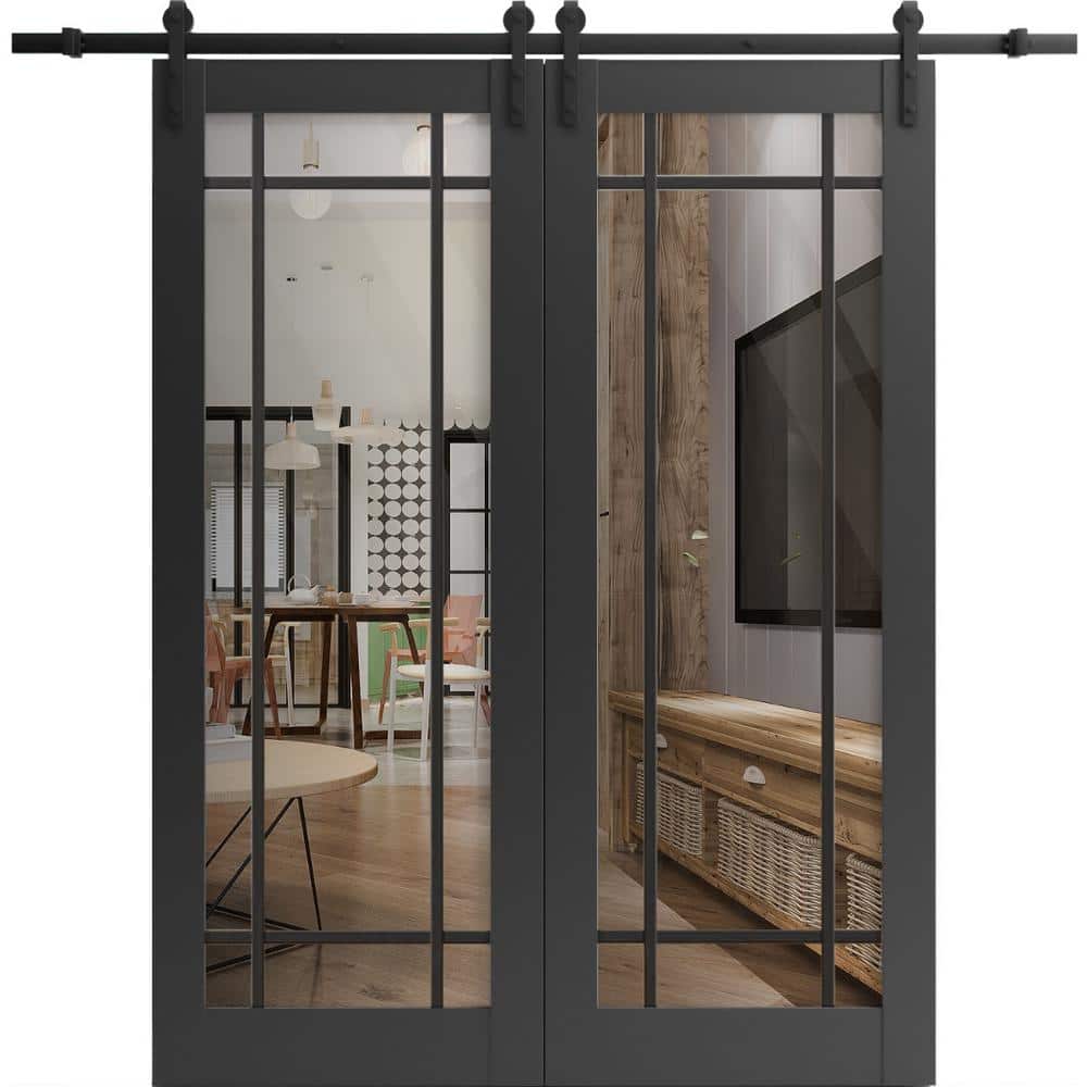 30 in. x 80 in. 2 Panel Clear Glass Black Matte Solid Wood Sliding Barn Door with Hardware Kit price history on PriceWatchPro