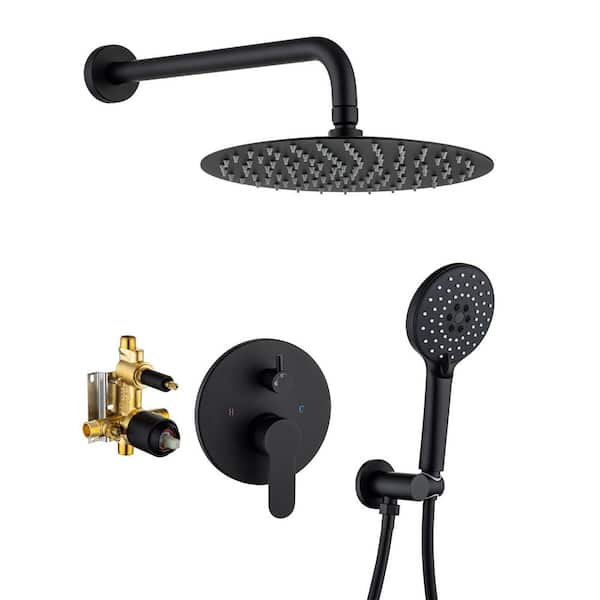 Lukvuzo Wall Mount Shower Faucet Mixer Set Shower System with Round Rain Head Handheld Spray Rough-in Valve in Black
