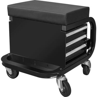 BIG RED Rolling Creeper Garage/Shop Seat: Padded Mechanic Stool with 3-Drawer Tool Chest Storage, Black