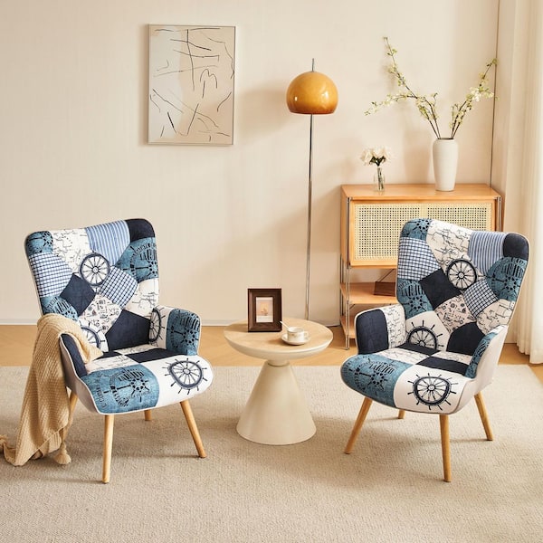 Hochwertiges Blue Fabric Upholstered Wingback Wooden Accent Arm Chairs (Set of 2)