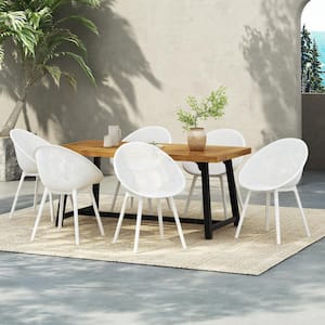 Virella Modern 7-Piece Outdoor Patio Dining Set, Acacia Wood, Polypropylene, Teak + White