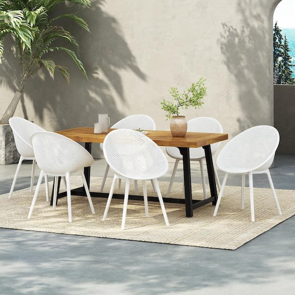 CHRISTOPHER KNIGHT HOME Virella Modern 7-Piece Outdoor Patio Dining Set, Acacia Wood, Polypropylene, Teak + White